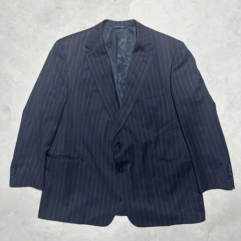 Vintage Burberrys Wool Sport Coat Suit Jacket Charcoal Black Pinstripe Approx XL